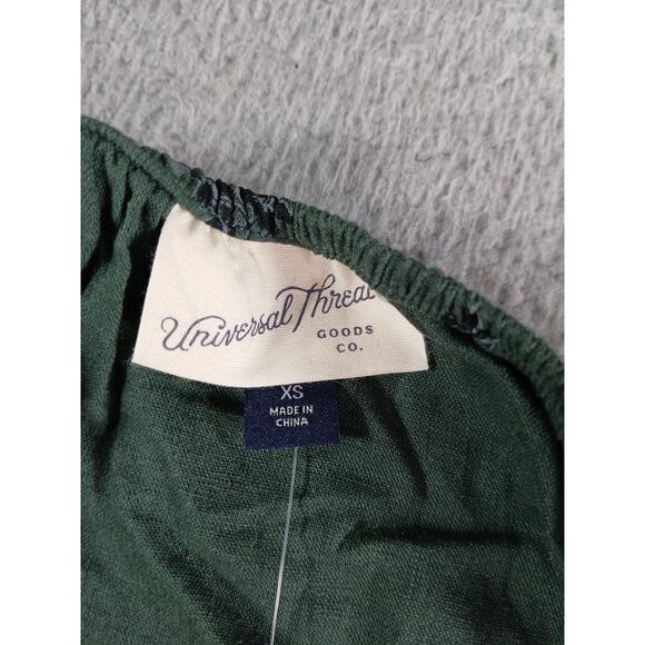 Universal Thread Dress Women XS Green Pattern Puff Sleeve Midi Pockets Linen NWT - Picture 2 of 10
